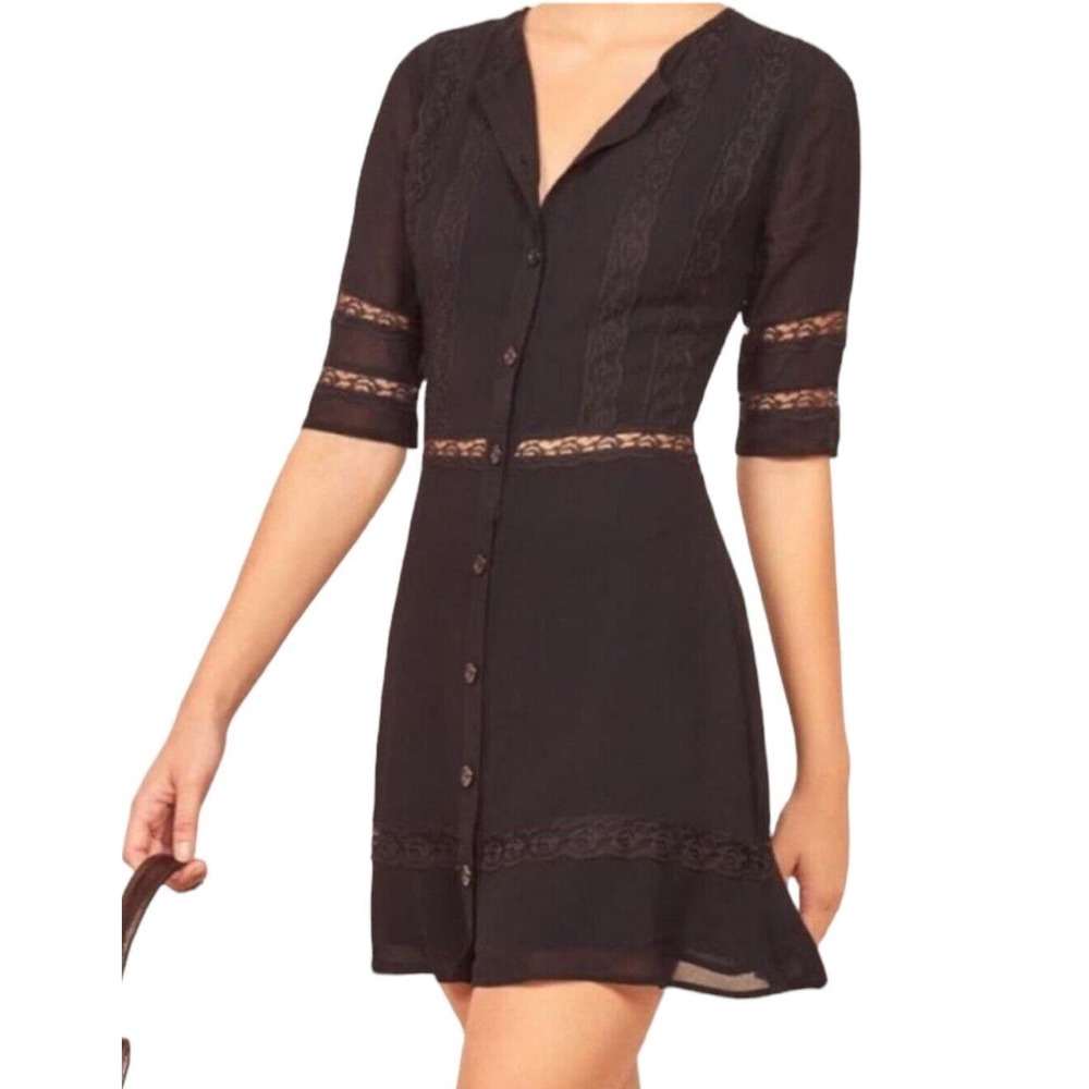 Reformation Black Lace-Trim Mini Dress